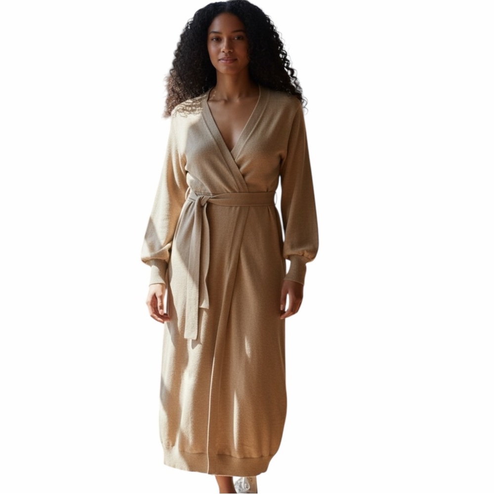 Exlura Knit Wrap Sweater Dress | Tie Waist | Neutral Beige | Size S